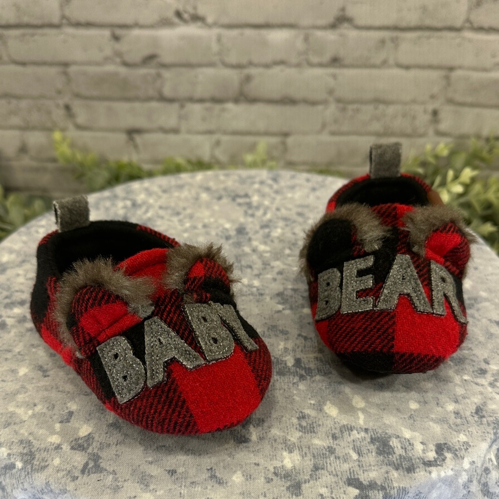 DEARFOAMS “Baby Bear” Buffalo Check Fabric-Knit Plush 3D Slippers 9-12 MOs❤️NWOT
